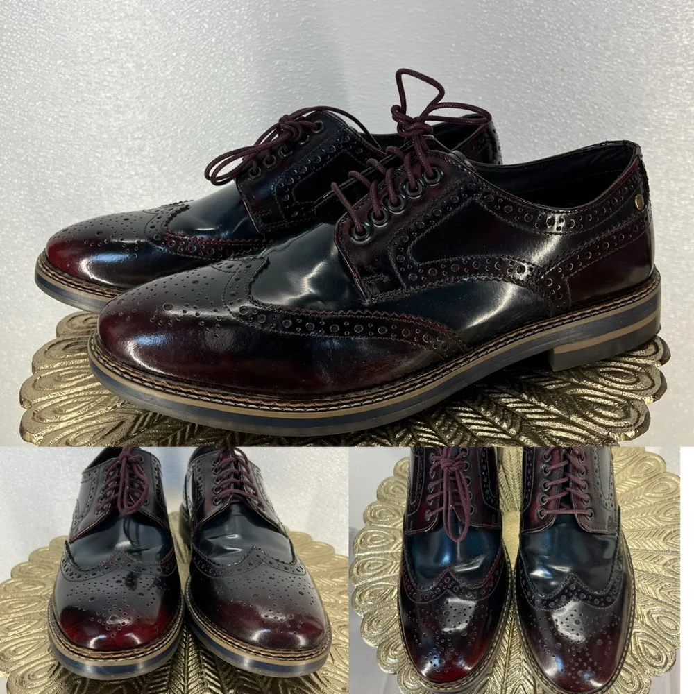 Base London Men’s Leather Brogue Wingtip Oxford Dress Shoes Burgundy‎